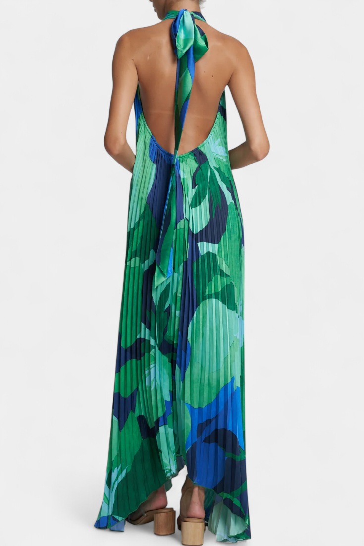 Giselle long pleated dress with neckline and elegant movement