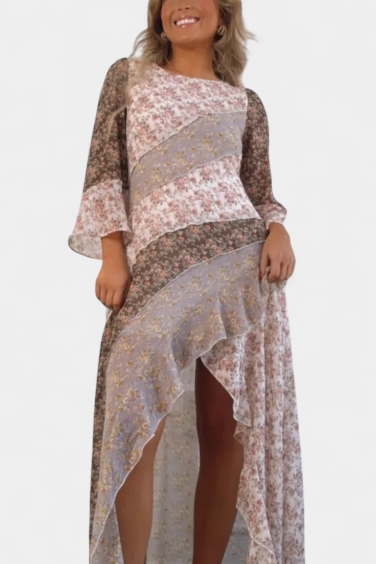 Ruth Long Floral Dress with 3/4 Sleeves and Ruffles