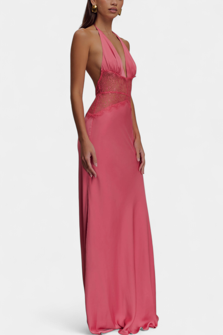 Ashanty Long Dress with Neckline and Sheer Lace at the Waist
