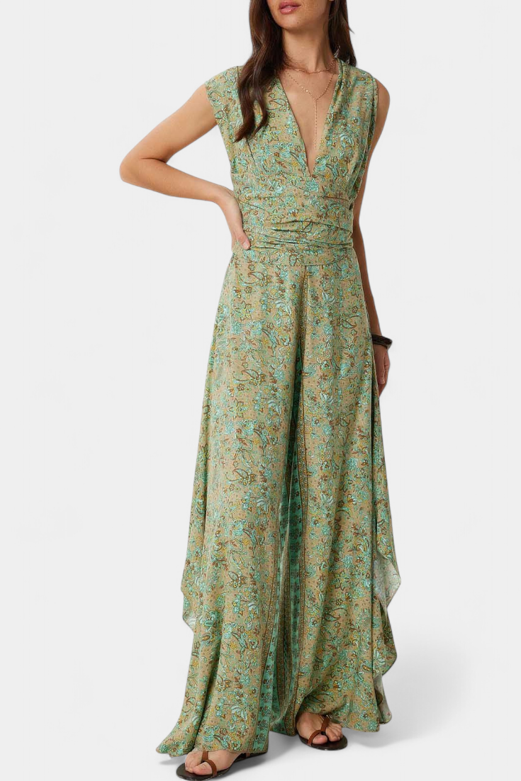 Leandra Flowy Green Floral Print Wrap Jumpsuit