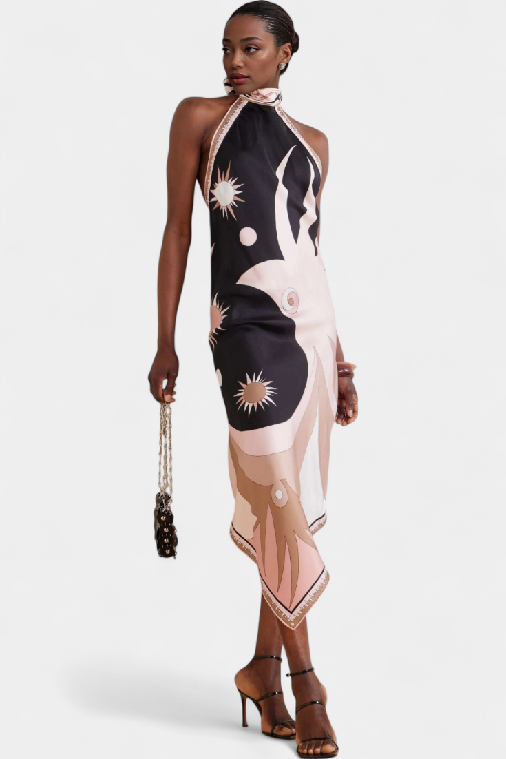 Rosenda Open Back Dress with Abstract Pattern