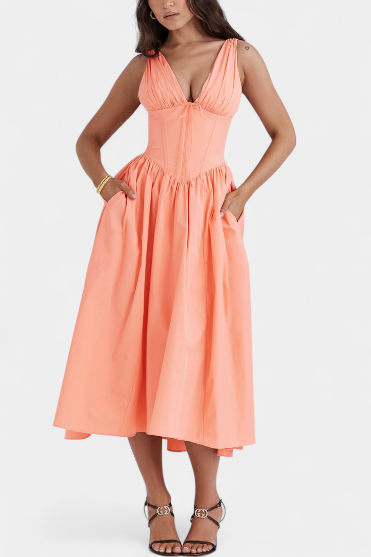 Margie Midi Dress with V-Neck and Romantic Floral Print