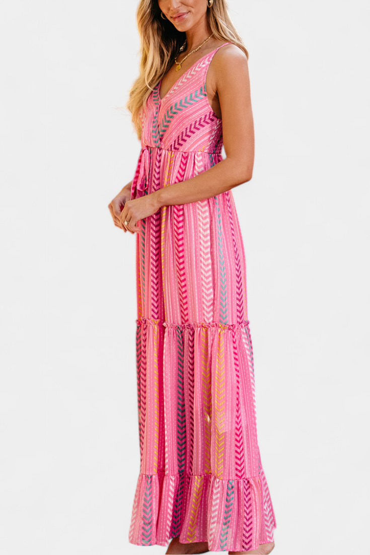 Asunción Long Pink Dress with Multicolored Stripes