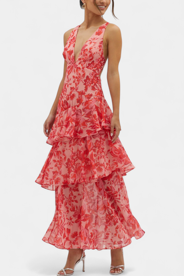 Domenica Chiffon Dress with V-Neckline and Airy Layers