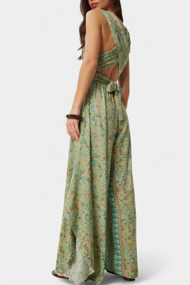 Leandra Flowy Green Floral Print Wrap Jumpsuit