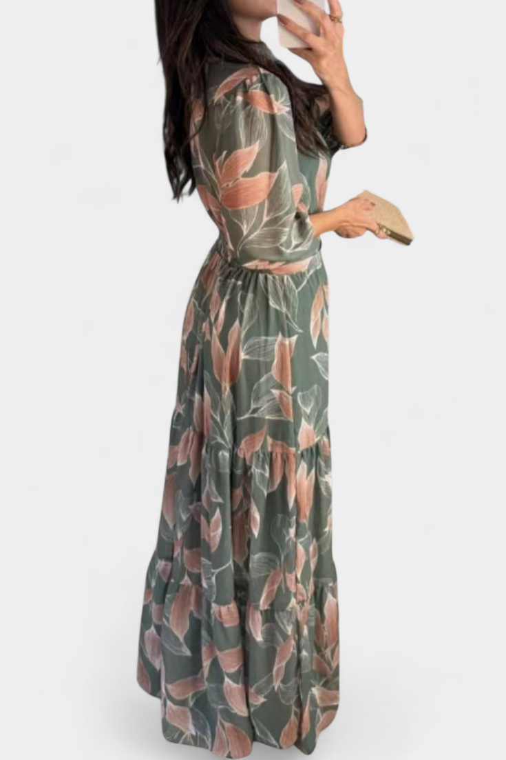 Aisha Long Floral Dress with Airy Line and Leaf Pattern
