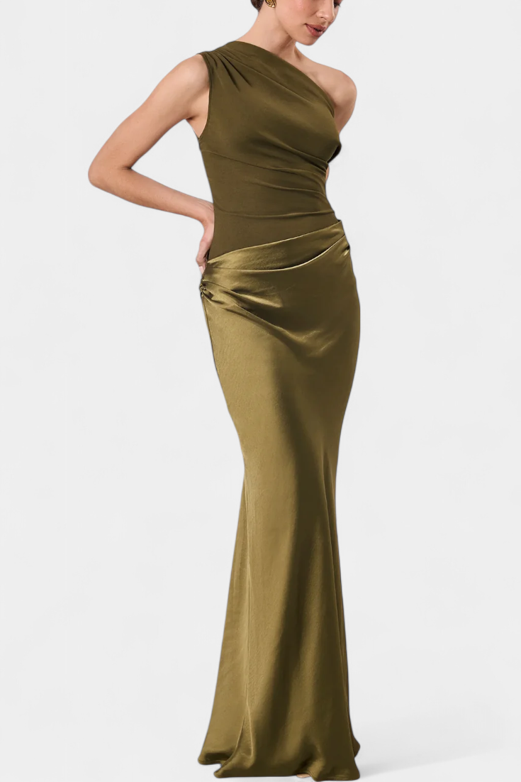 Ottavia Long Pleated One-Shoulder Evening Dress