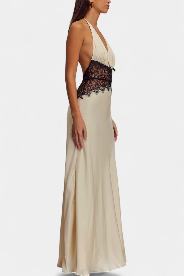 Ashanty Long Dress with Neckline and Sheer Lace at the Waist