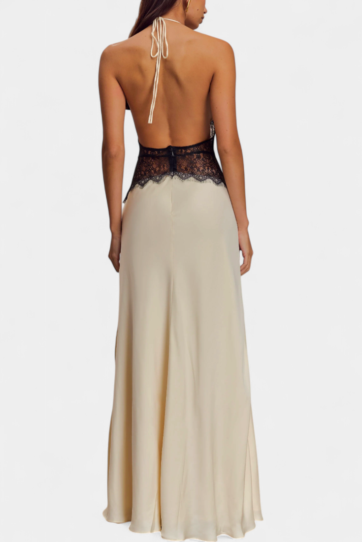 Ashanty Long Dress with Neckline and Sheer Lace at the Waist