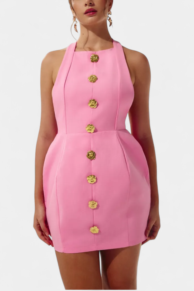 Yvonne Mini Dress with Tie Neck, Open Back and Floral Detail