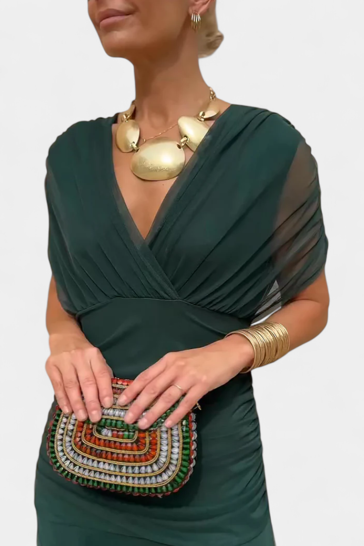 Alondra Long Dress with Floral Fancy Design and Decollete