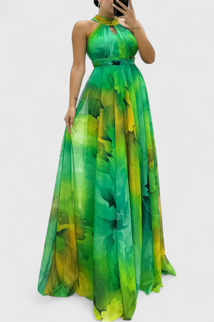 Floral Chiffon Maxi Dress with Tie Neck