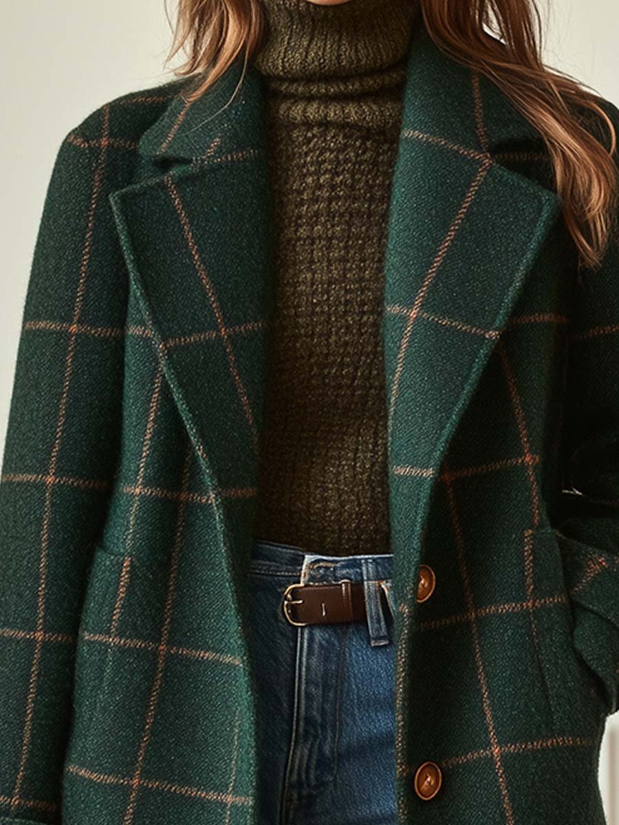 Women's Retro Coat with Back and Plaid