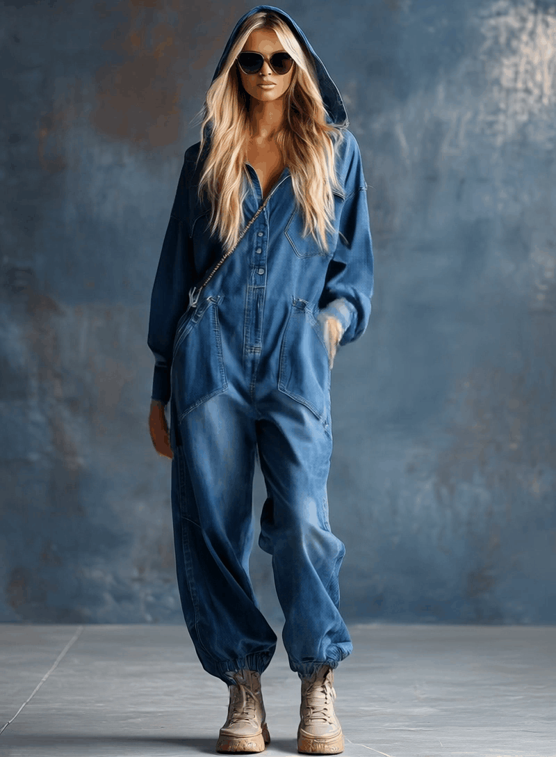 Priscilla - Casual Loose-fit Hooded Blue Denim Button-front Long-sleeved Jumpsuit