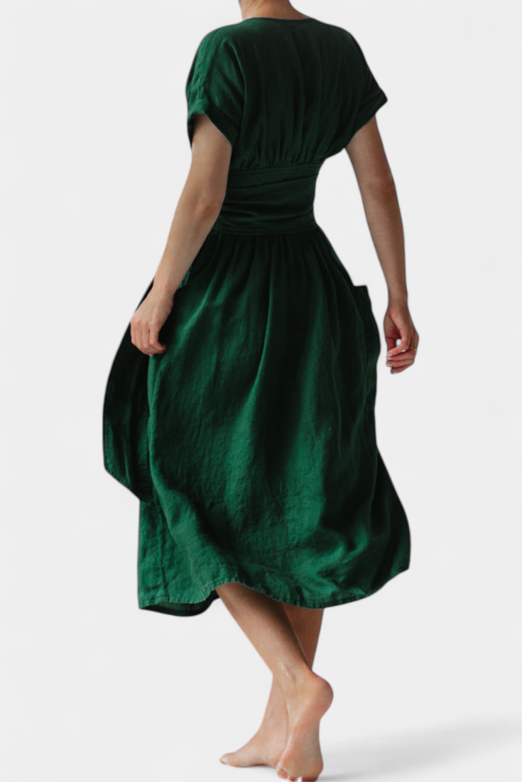 Cressida Cotton Dress with V-Neck and Adjustable Waist