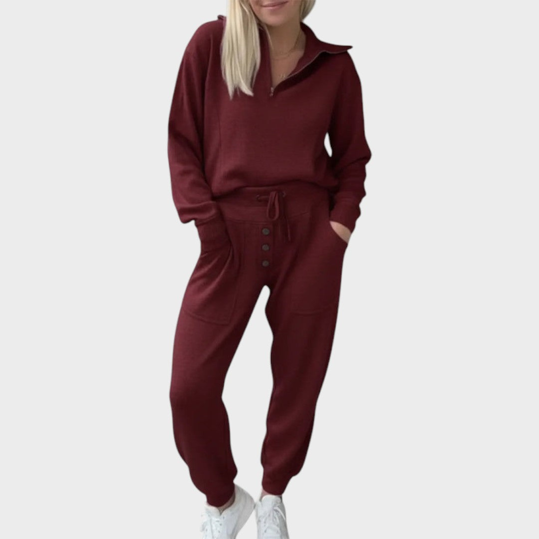Natassa | Everyday Travel Hoodie with Zipper and Button Pants Two-Piece Set