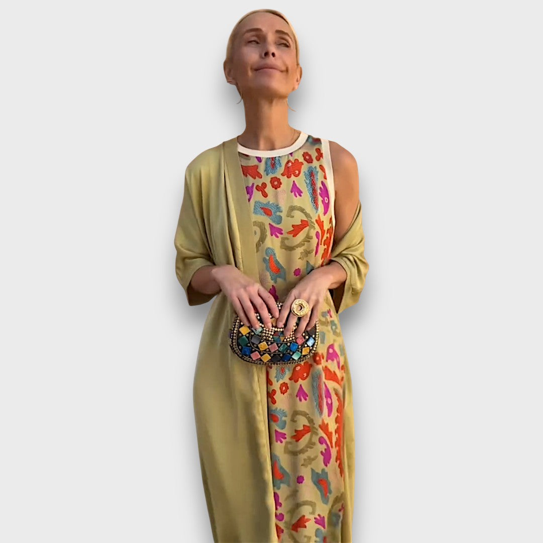 Long Dress with Floral Pattern & Airy Cardigan