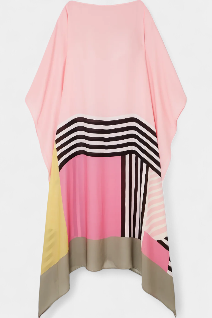 Elenora Kaftan with Geometric Pattern, Wide Line and Butterfly Mesh Fabric