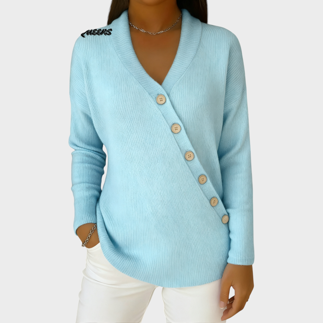 Rizza | Casual solid color sweater with V-neck and slanted buttons
