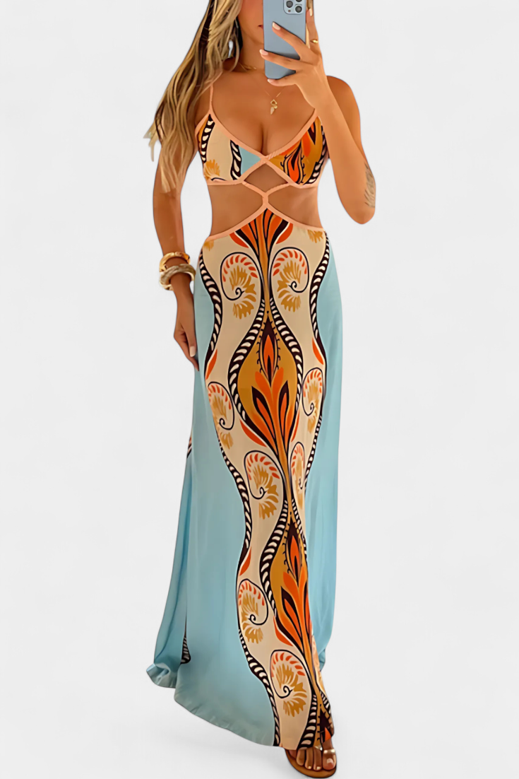Slit Dress with Abstract Pattern and Open Back