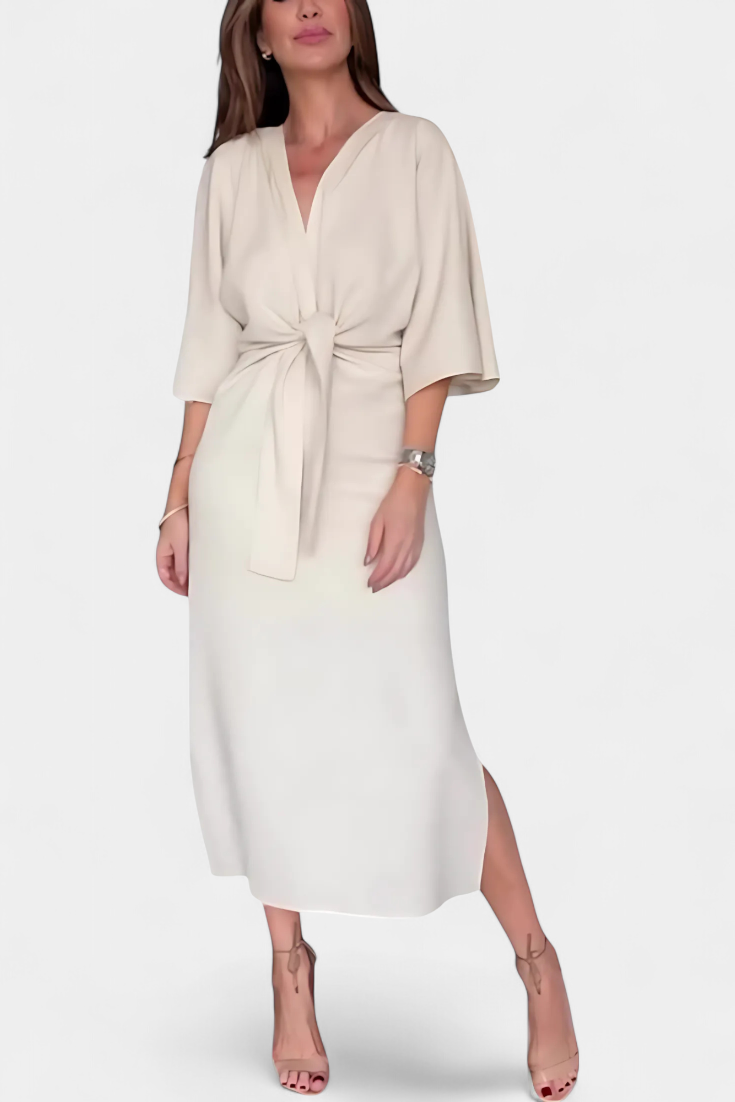 Ainhoa Casual Dress with Knot Front and Plunging Neckline
