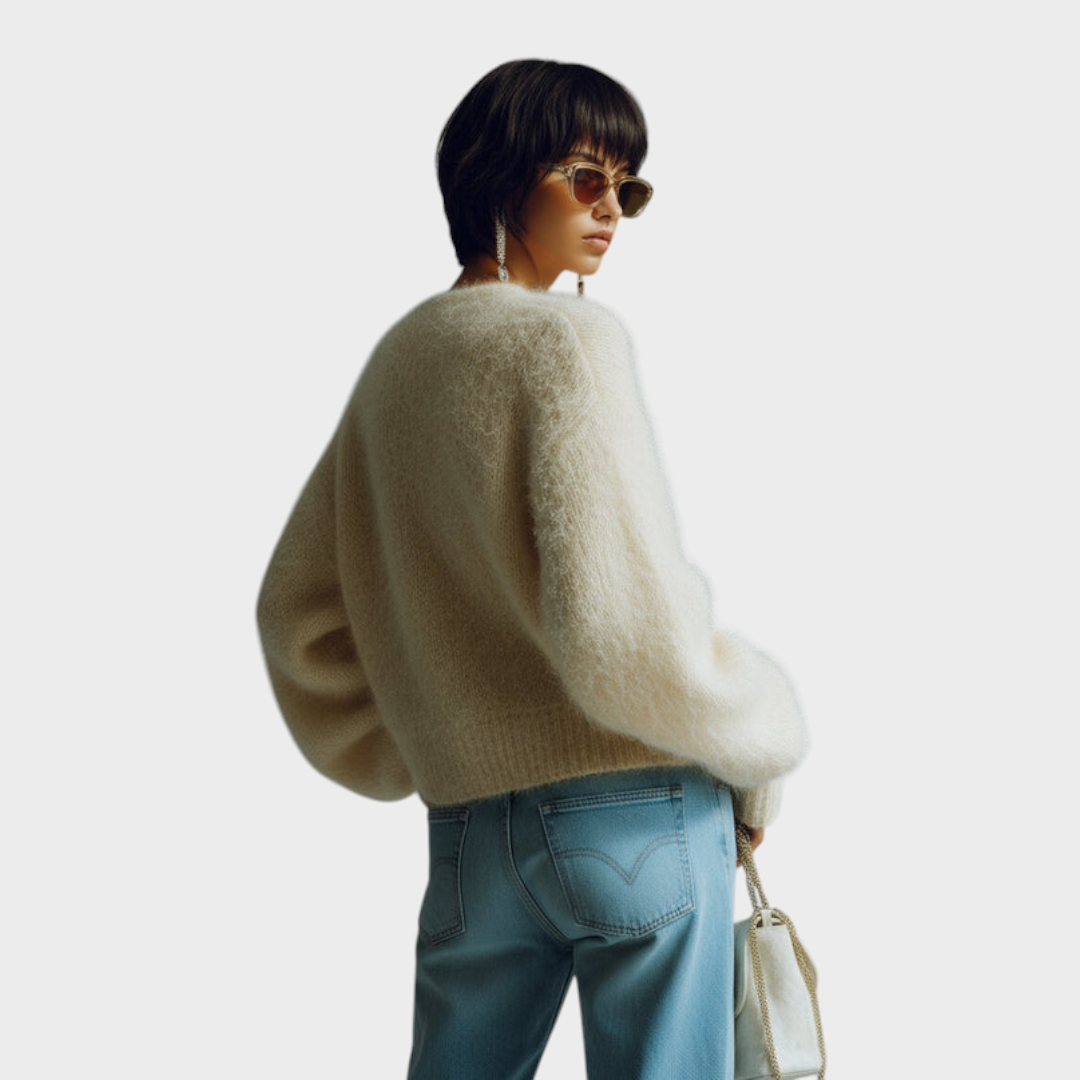 Alannah | Chic Vintage Veraman Round Neck Single Button Long Sleeve Sweater with Pearl Details Oversized Knitted Cardigan