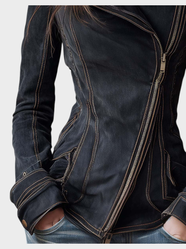 Hanne | Vintage Washed Denim Motorcycle Jacket – Charcoal Edge