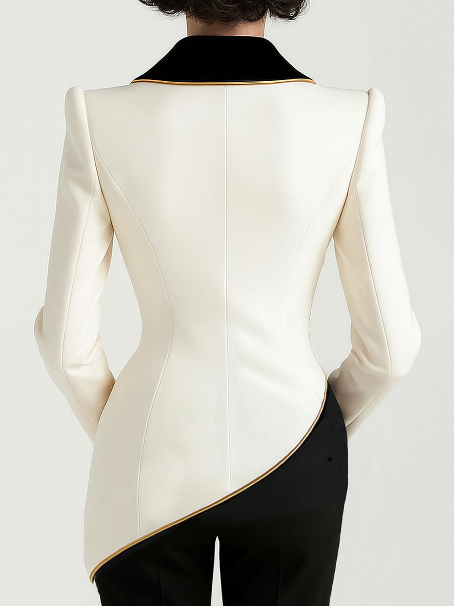 Sahra | Elegant Asymmetric White Blazer with Black Contrast Lapels