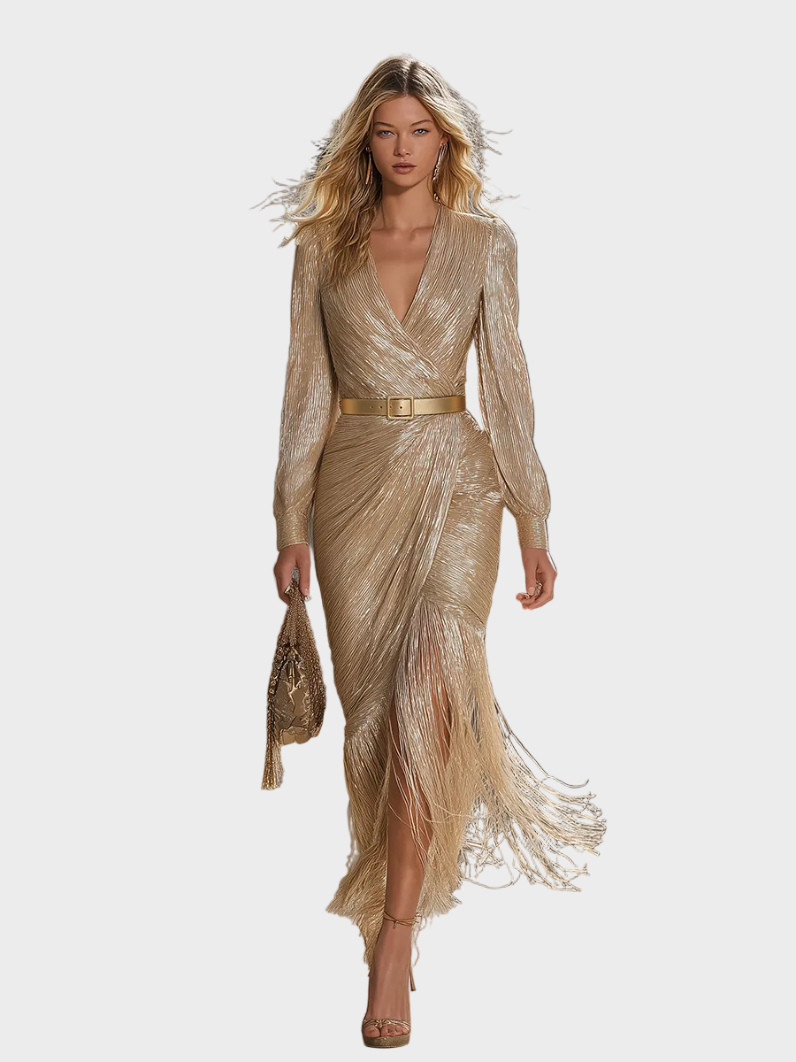 Jollie | Chic and Elegant Maxi Dress in Champagne Shade with V-Neck, Tassels, and Shine