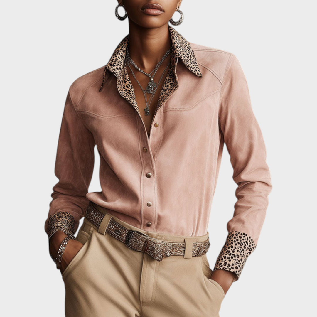 Macey | Western Retro Leopard Print Pink Faux Suede Long-Sleeve Shirt
