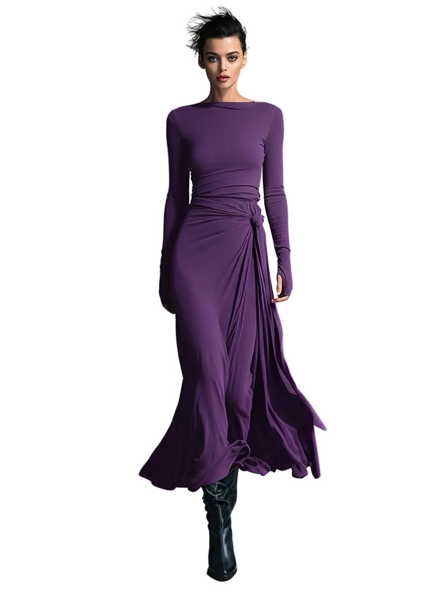 Belle | Women's Gray Exquisite Stretch Blended Fabric Wrap Dress - Knotted Maxi Dress
