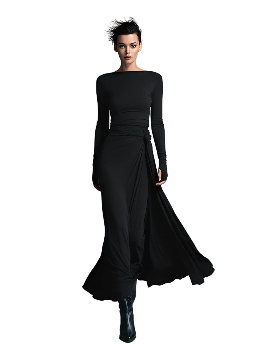 Belle | Women's Gray Exquisite Stretch Blended Fabric Wrap Dress - Knotted Maxi Dress