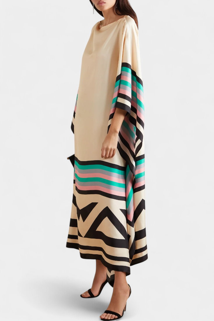 Elenora Kaftan with Geometric Pattern, Wide Line and Butterfly Mesh Fabric