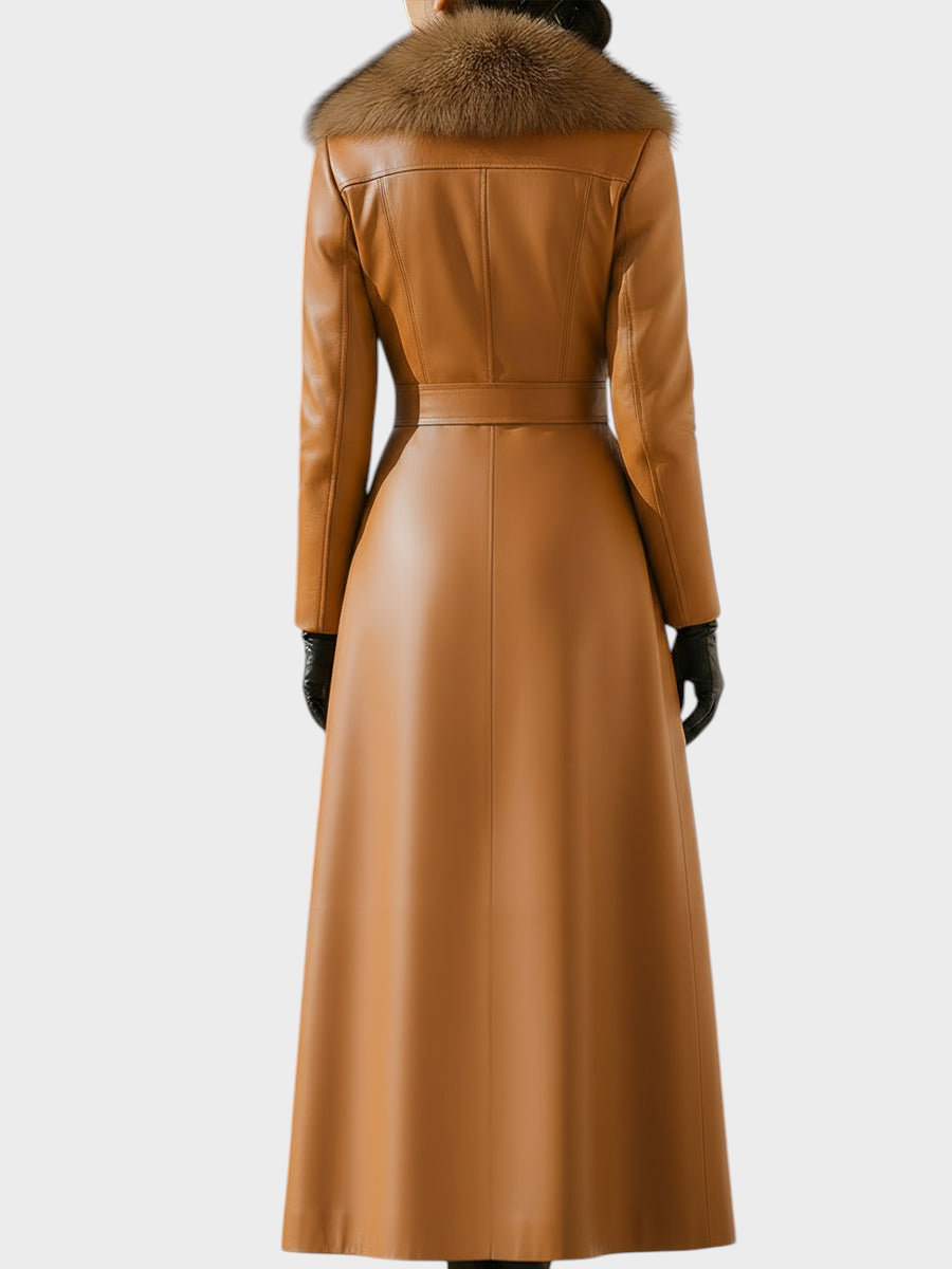 Felicia | Caramel Double-Skinned Leather Jacket with Fur Collar