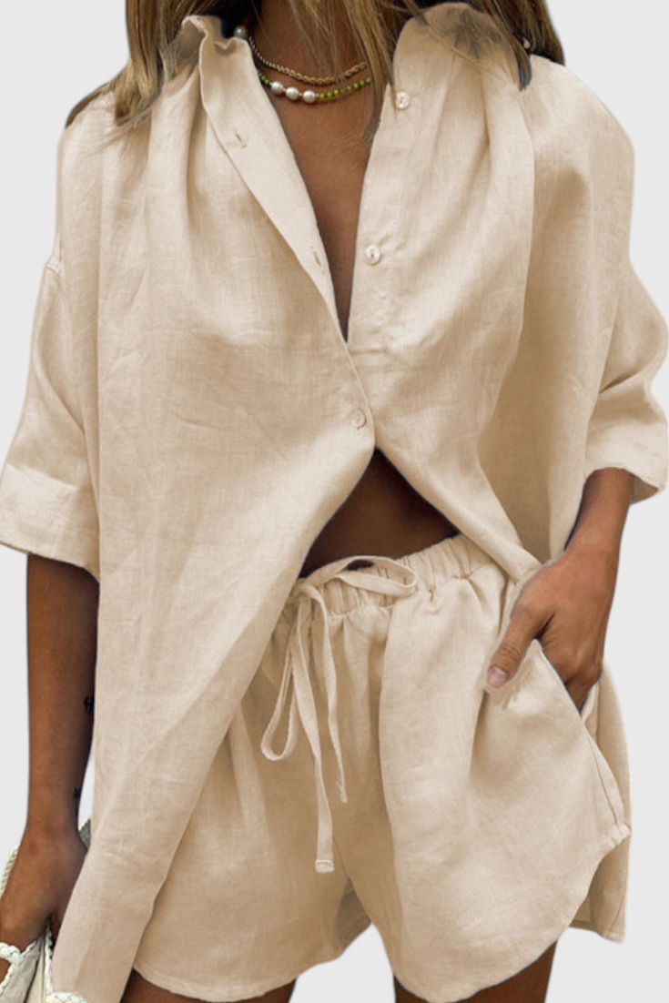 Anika Two-Piece Set with Button-Down Shirt and Drawstring Shorts