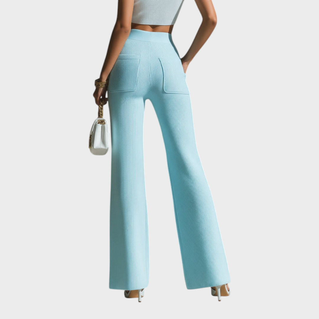 Reese | ElevenOra Chic Elegant Baby Blue High Waist Patch Pocket Details Ribbed Knit Wide-Leg Pants