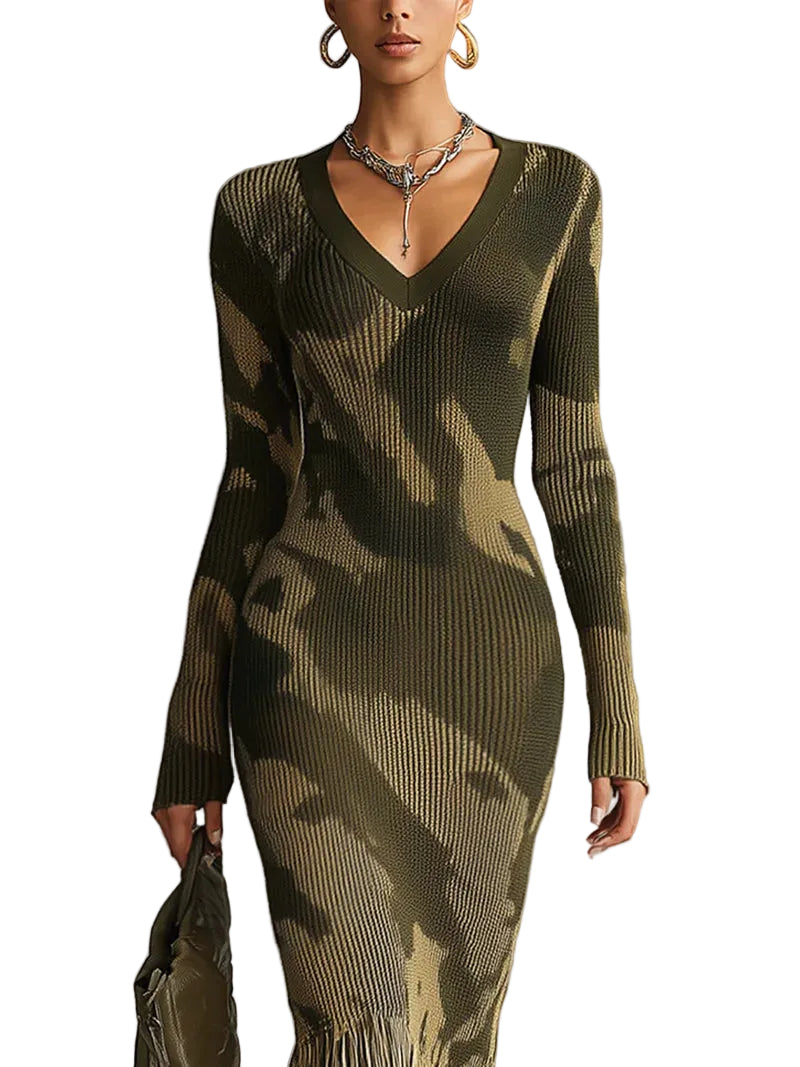 Paula - Olive Camo Knit V-Neck Fringe Hem Midi Dress