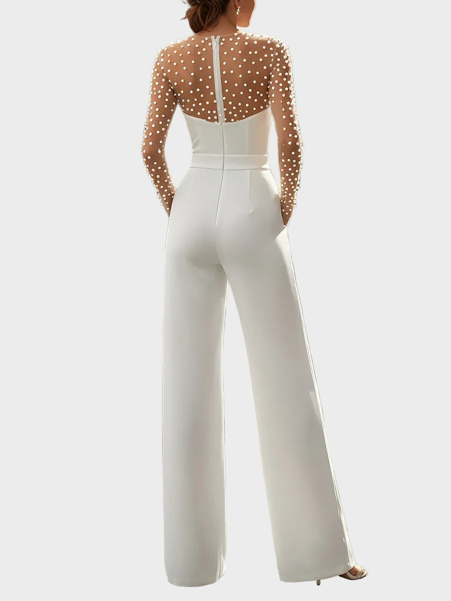 Tellie | Pearl-Embellished Sheer Bodice White Jumpsuit