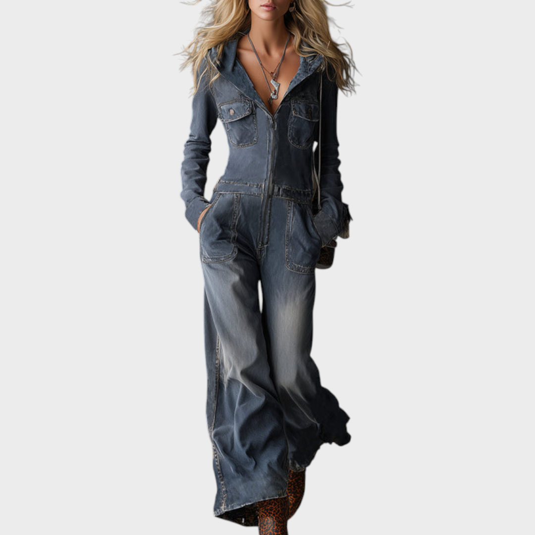 Katelyn | Retro Gray-Blue Denim Dress with Hood and Front Zipper