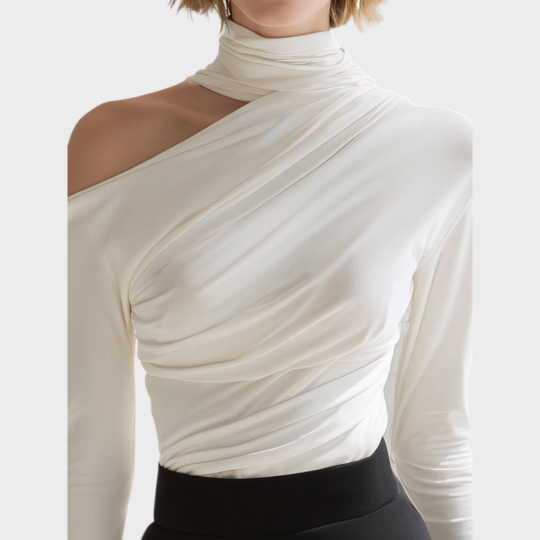 Carlie | Asymmetric Draped High-Neck Long Sleeve Top