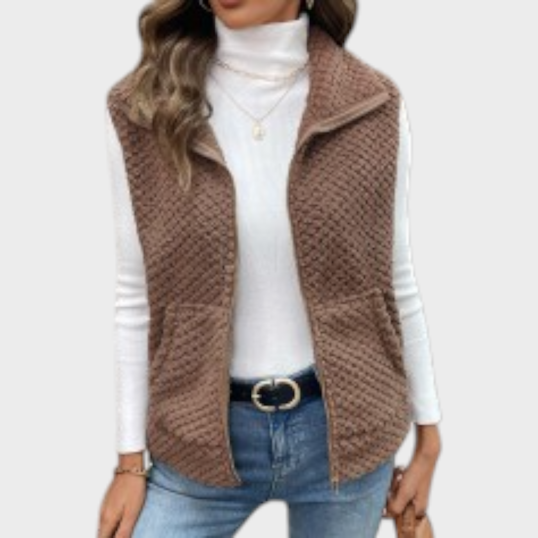 Klarisse | Sleeveless jacket with curved collar and kangaroo pocket in dark brown