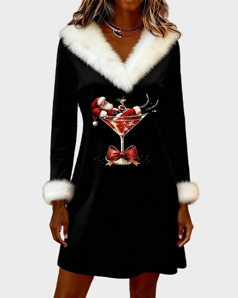 Tara | Dress with Christmas Pattern and Fur Collar