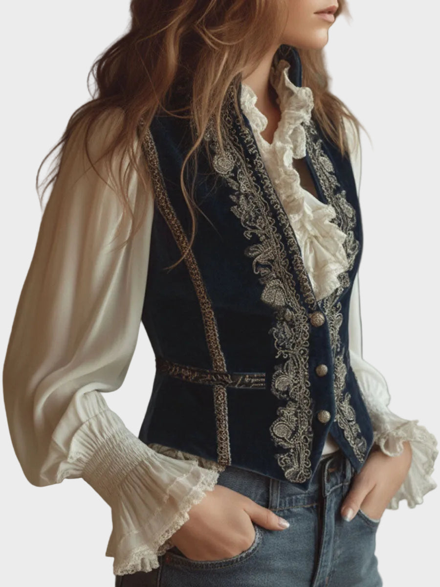 Melanie - Vintage baroque velvet embroidered vest in navy blue