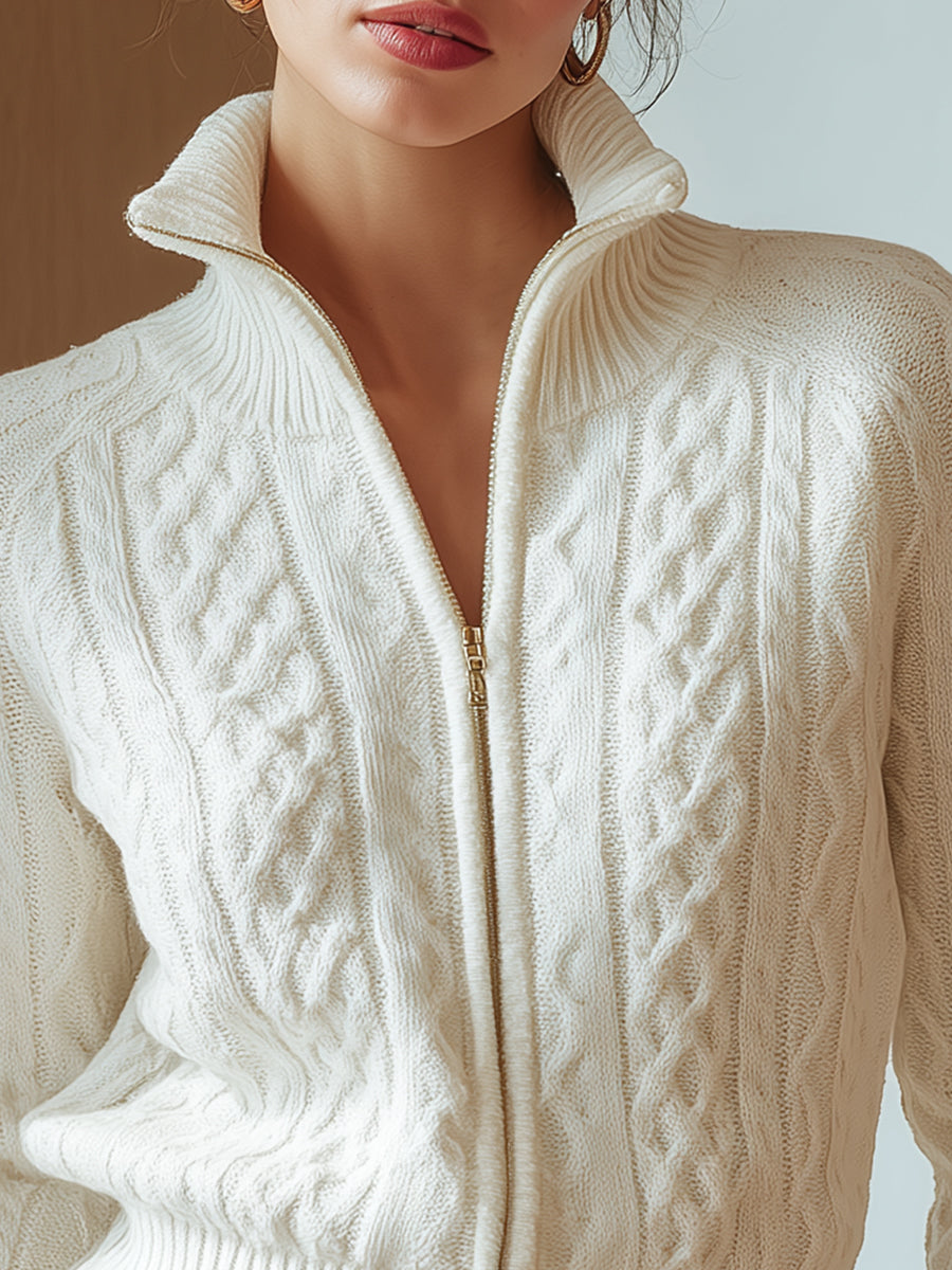 White cable-knit cardigan with zipper