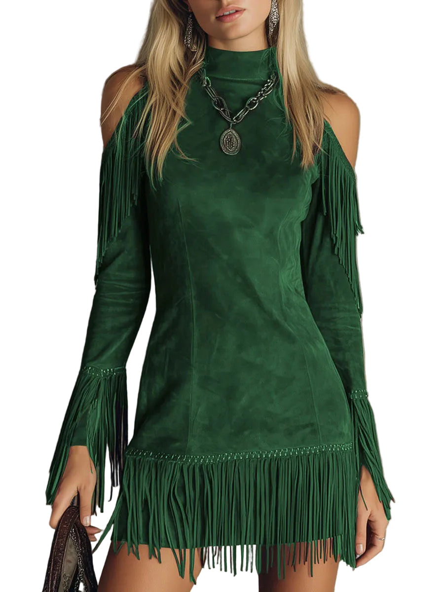 Betty - Semi-high Neck Off-the-shoulder Fringed Faux Suede Long-sleeved Mini Dress