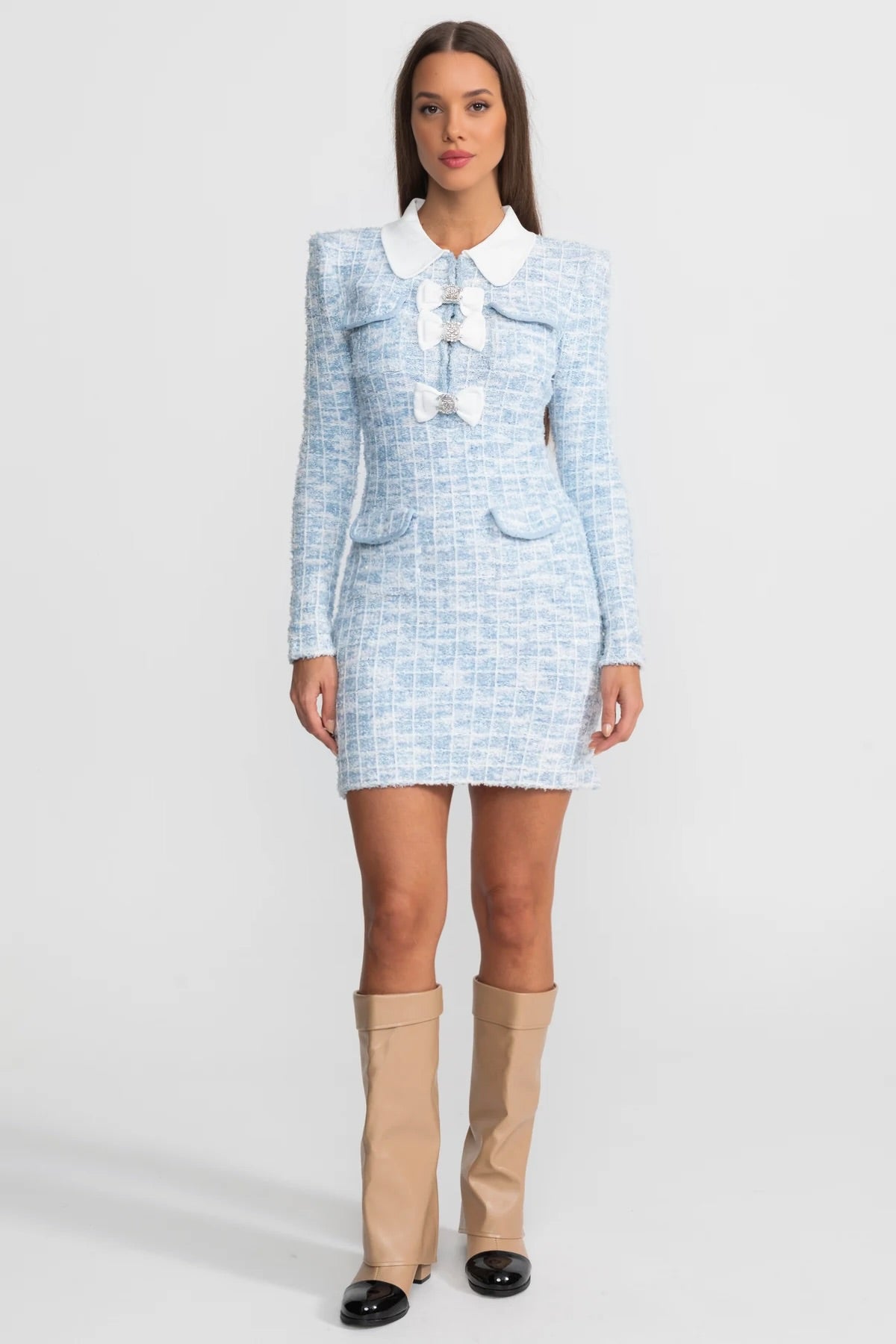 Tevera | Tweed Mini Dress with Contrast Collar and Decorative Bows