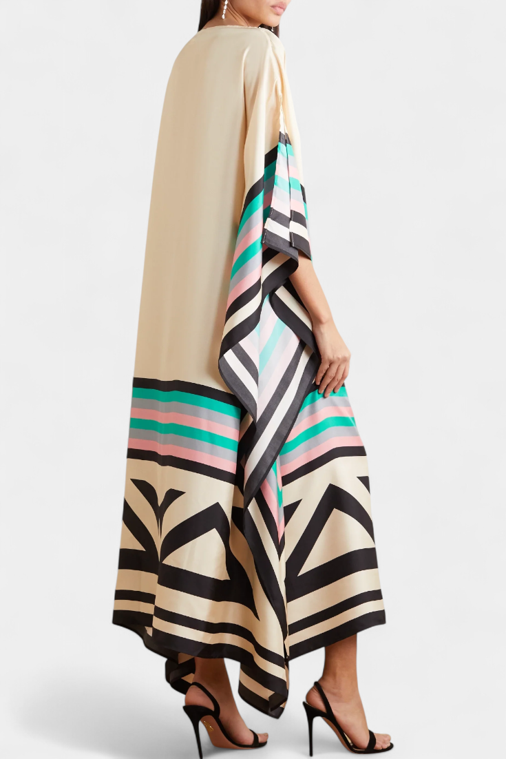 Elenora Kaftan with Geometric Pattern, Wide Line and Butterfly Mesh Fabric