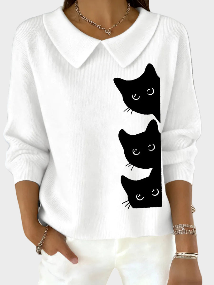 Leslie | Women's Top with Funny Cat Design for Cat Lovers and Baby Doll Collar