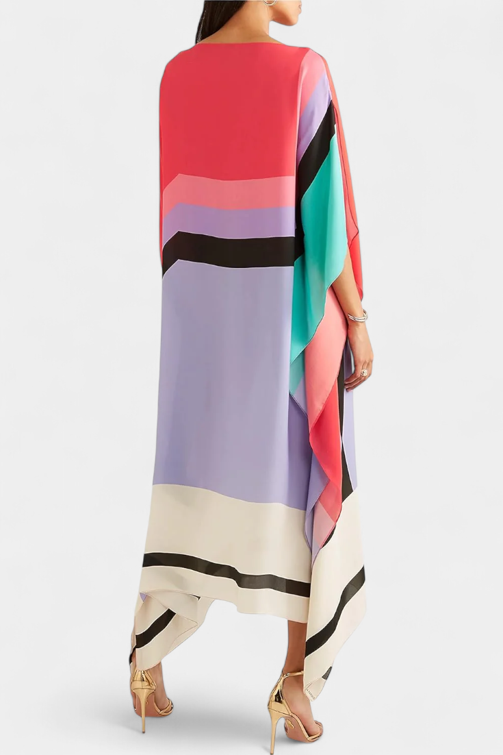 Elenora Kaftan with Geometric Pattern, Wide Line and Butterfly Mesh Fabric