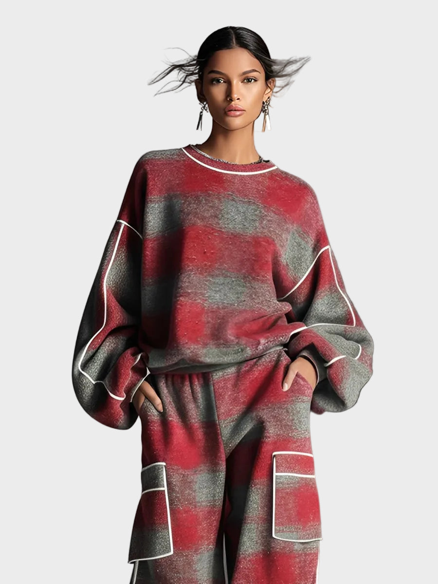 Natasa | Women's Red And Grey Checkered Brushed Distressed Street Style Pants Set With Colored Details